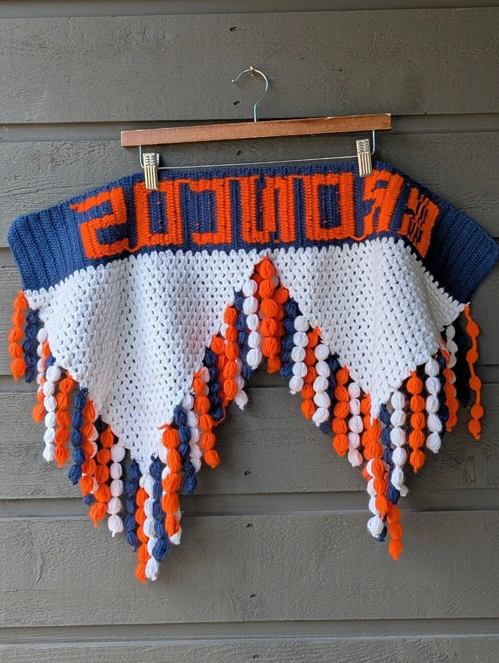 Handmade NFL Denver Broncos Knit Fringe Banner Blue Orange White